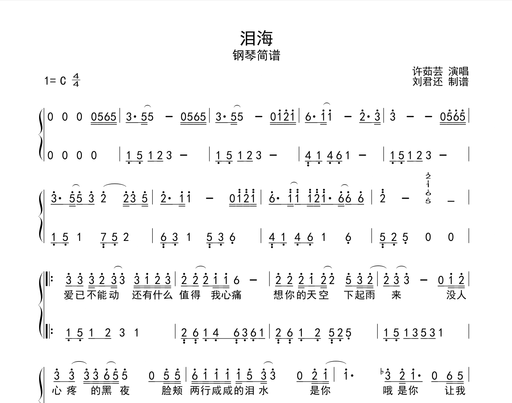 图片[1]-钢琴谱泪海-许茹芸-C调钢琴简谱数字双手-启声音乐网
