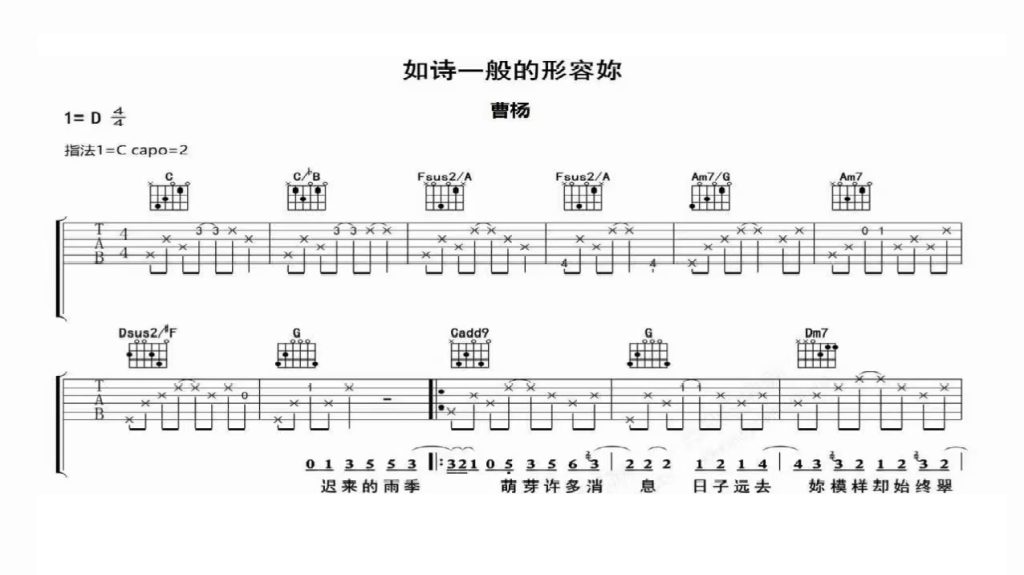 图片[1]-如诗一般的形容妳吉他谱-曹杨-C调吉他弹唱六线谱-启声音乐网