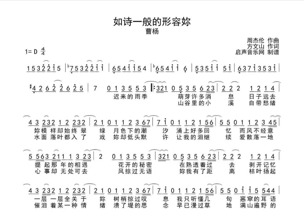 图片[1]-如诗一般的形容妳简谱-曹杨-D调数字简谱-启声音乐网